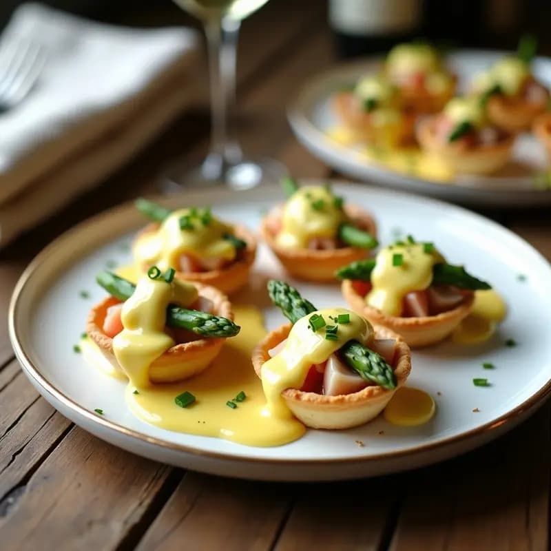 Tartaletas francesas elegantes con base dorada de masa brisa, rellenas de cangrejo desmenuzado y espárragos trigueros salteados, napadas con salsa holandaise cremosa y decoradas con cebollino fresco, sobre un plato de porcelana blanca.