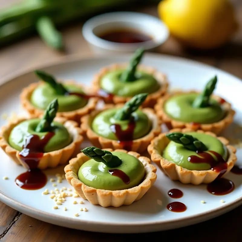 Tartaletas doradas de base de semillas de cáñamo rellenas de crema verde suave de espárragos trigueros, decoradas con un hilo de salsa de soja y limón, servidas en plato blanco rústico.