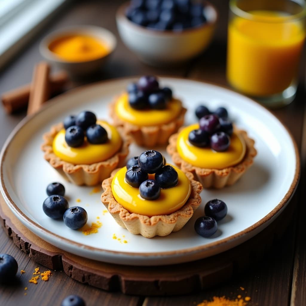 Tartaletas doradas de harina de castaña rellenas de crema amarilla de cúrcuma, decoradas con arándanos liofilizados morados en un plato blanco rústico sobre fondo de madera oscura.