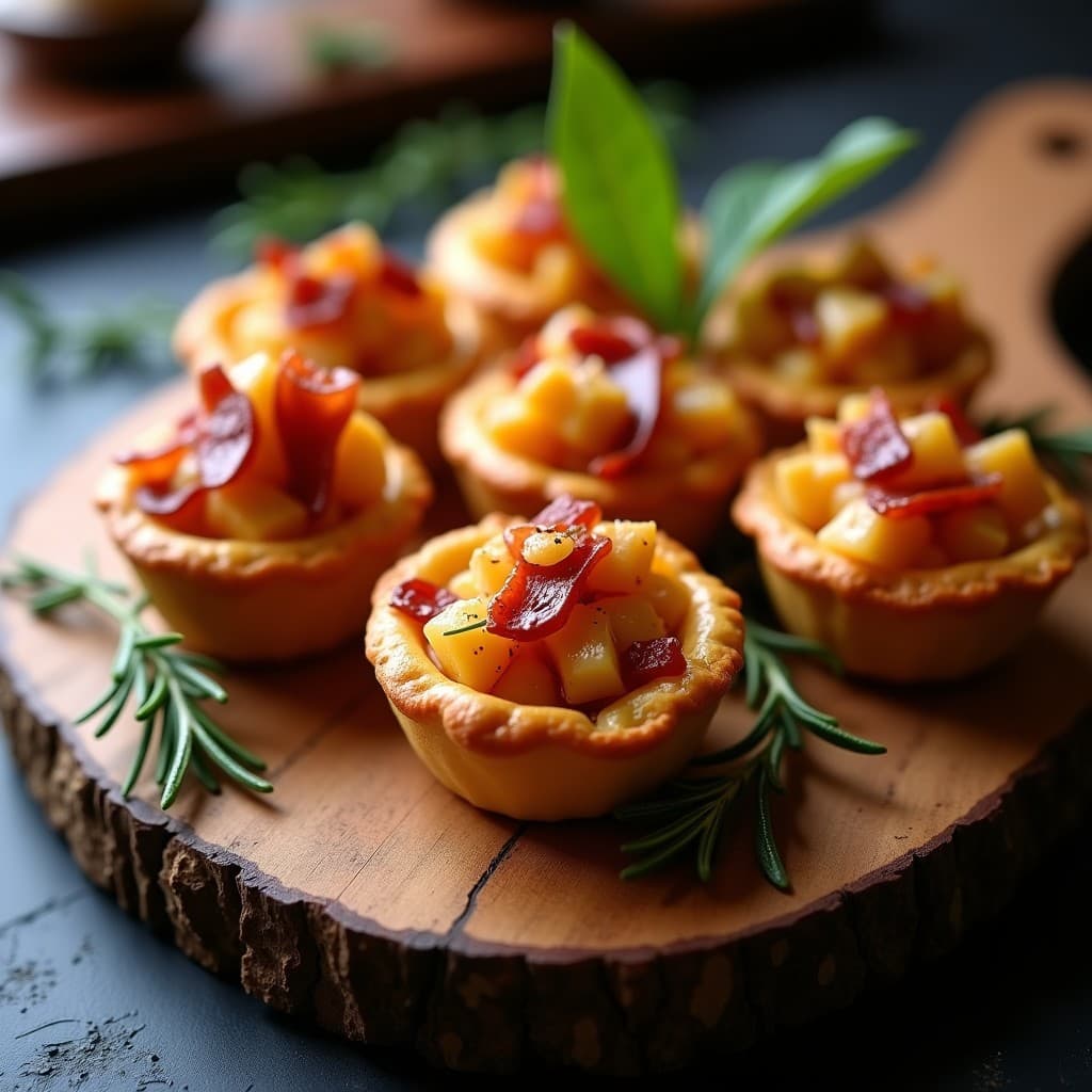 Tartaletas doradas de masa de almendra rellenas de cecina ibérica y queso de oveja fundido, con un toque de miel de tomillo, servidas en una bandeja de madera rústica. Receta de aperitivo español en airfryer.