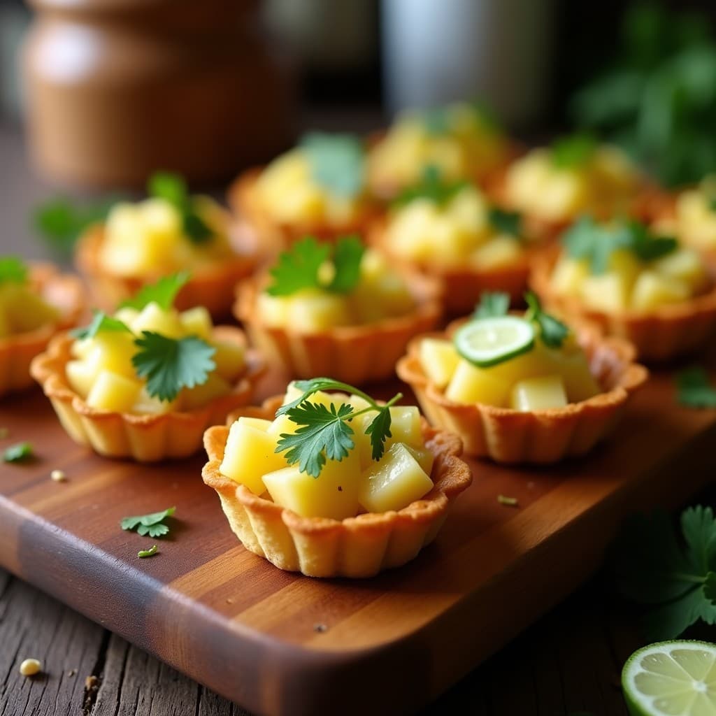Tartaletas de masa quebrada dorada rellenas de ceviche de camutillo marinado en leche de tigre, decoradas con hojitas de cilantro y rodajas de limón, sobre una bandeja de madera rústica.