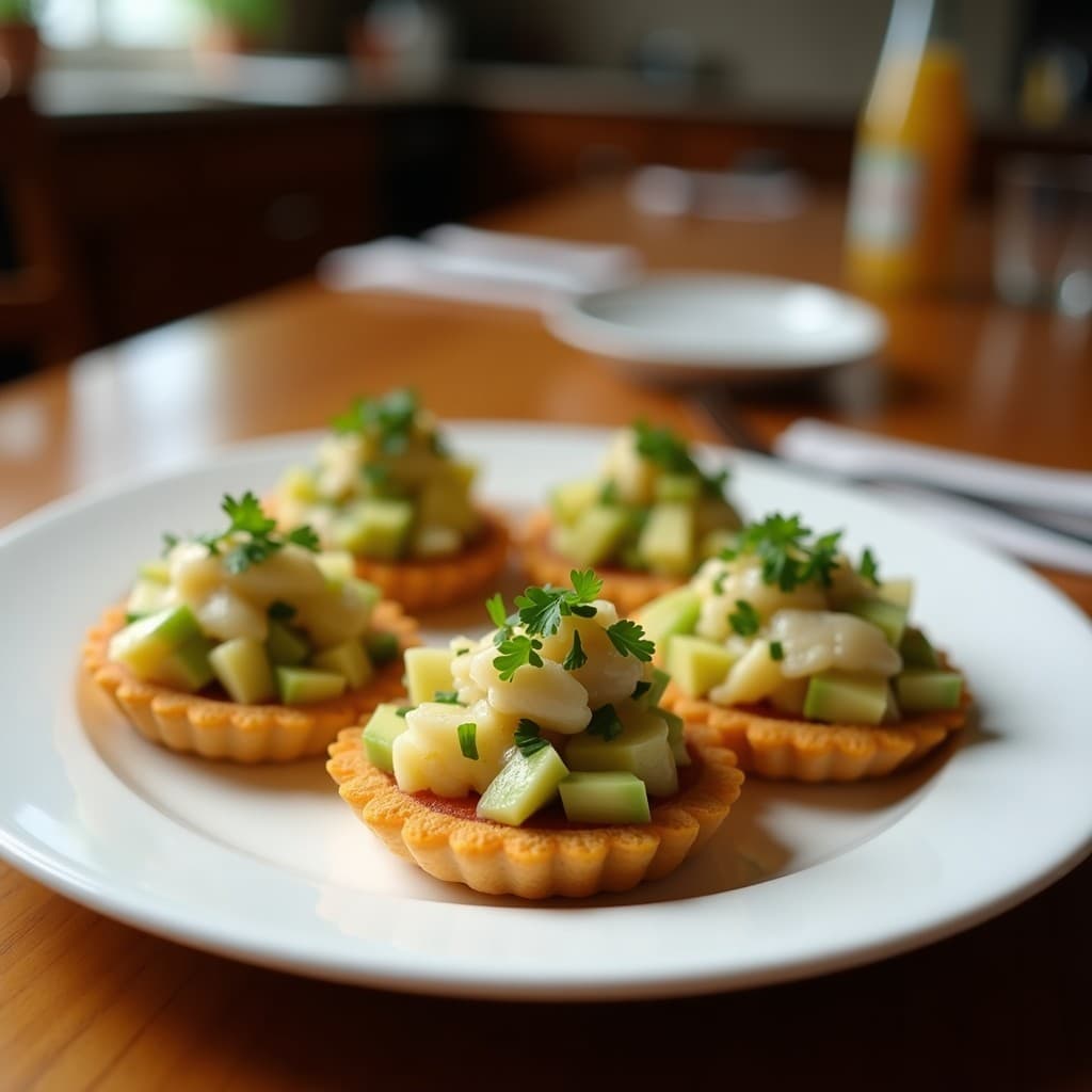 Tartaletas doradas rellenas de cremoso aguacate verde y ceviche de corvina blanco con trozos de cebolla morada y cilantro, bañadas en un jugo cítrico dorado, sobre un plato de madera rústica con rodajas de lima y naranja sanguina como decoración. Receta peruana sin horno con cítricos frescos.