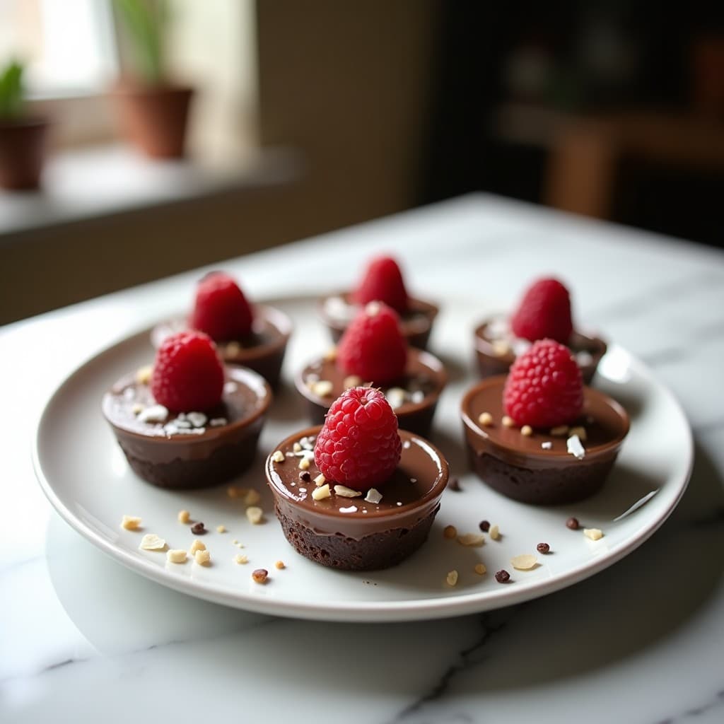 Tartaletas crudiveganas de chocolate y aguacate en moldes transparentes, con base de almendras y relleno brillante, decoradas con frambuesas y coco rallado.