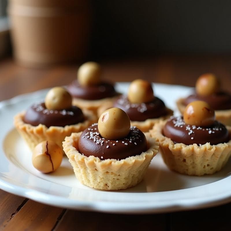 Tartaletas keto de chocolate y avellanas con base de harina de coco, dispuestas en bandeja de madera con avellanas tostadas por encima, fondo borroso de cocina rústica.