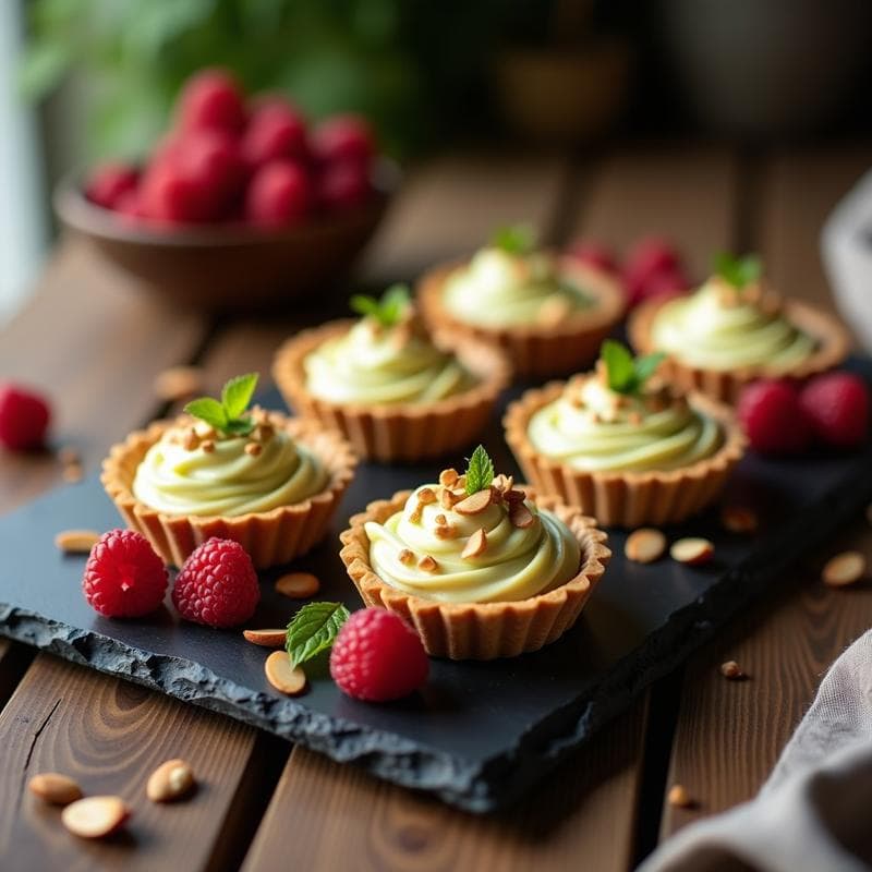 Tartaletas de chocolate blanco con base de galleta, crema suave y frutos secos espolvoreados, con un toque de wasabi. Postre innovador y elegante en moldes individuales.