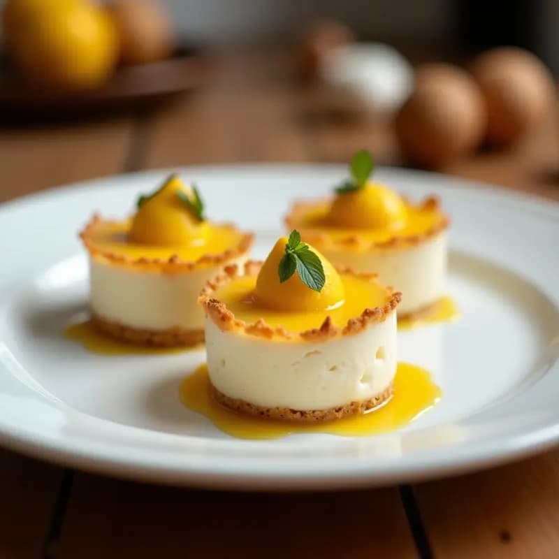 Tartaletas keto de masa de coco dorada con relleno cremoso de mousse de maracuyá amarillo vibrante, decoradas con trozos de heart of palm, virutas de coco tostadas y semillas de sésamo. Postre brasileño saludable y sin azúcar en un plato blanco sobre fondo rústico.