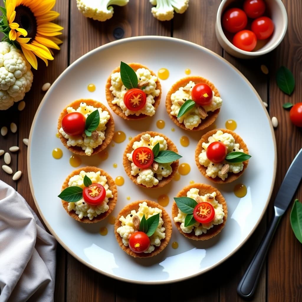 Tartaletas doradas con base crujiente de semillas de girasol y relleno cremoso de coliflor y queso de almendras, decoradas con tomate cherry, albahaca fresca y un hilo de miel de agave sobre fondo rústico de madera.