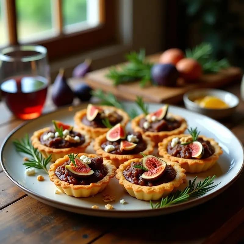 Tartaletas doradas de masa quebrada rellenas de estofado de cordero, higos frescos en cuartos, queso de cabra desmenuzado y nueces picadas, con un hilo de miel de romero por encima.