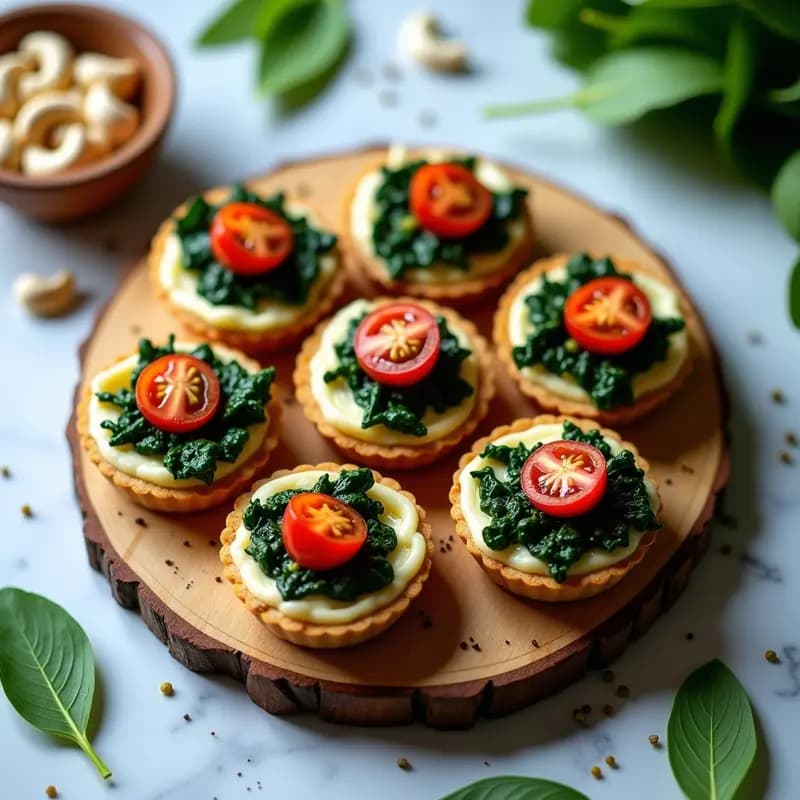 Tartaletas veganas de espinacas y queso de cabra en moldes de silicona, decoradas con cebollino y tomate cherry, sobre una tabla de madera rústica con fondo claro.