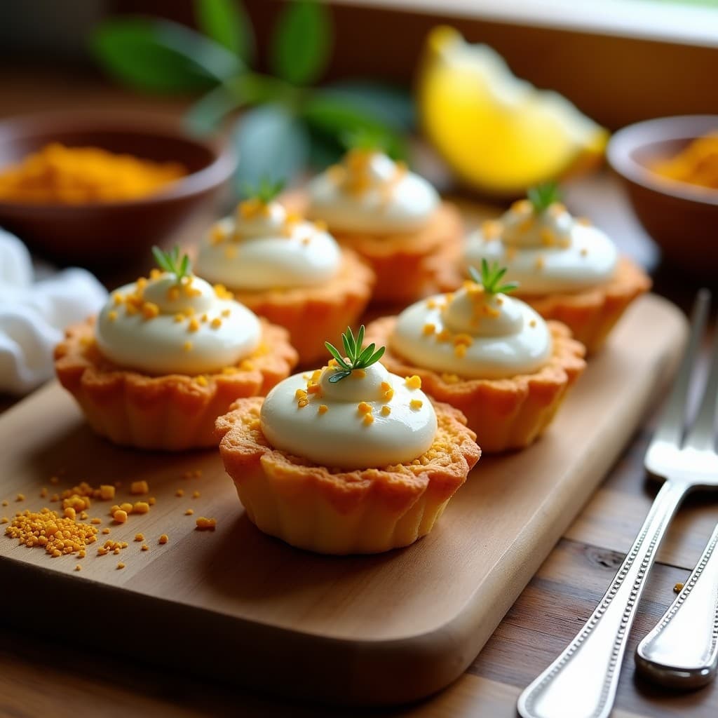 Tartaletas doradas de garbanzos y pimentón en forma de copa, con un relleno cremoso y espuma de limón blanca y aireada por encima. Decoradas con semillas de sésamo y cebollino fresco. Plato de aperitivo español vegano en airfryer, con fondo rústico de madera y luz natural.