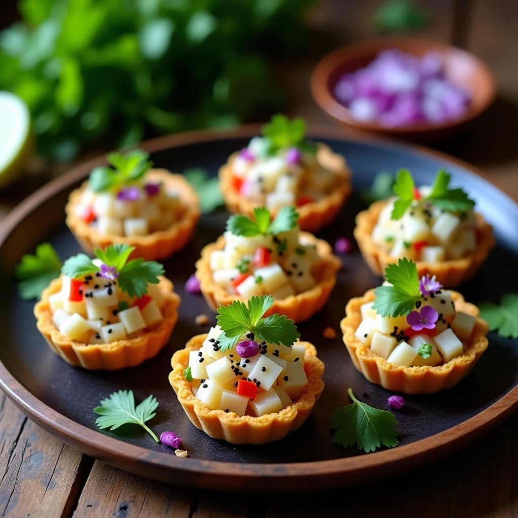 Tartaletas veganas brasileñas con base crujiente de semillas de girasol tostadas y relleno de ceviche de palmito marinado en lima, cilantro y jengibre, decoradas con semillas de sésamo negro y hojas de cilantro fresco sobre fondo rústico de madera.