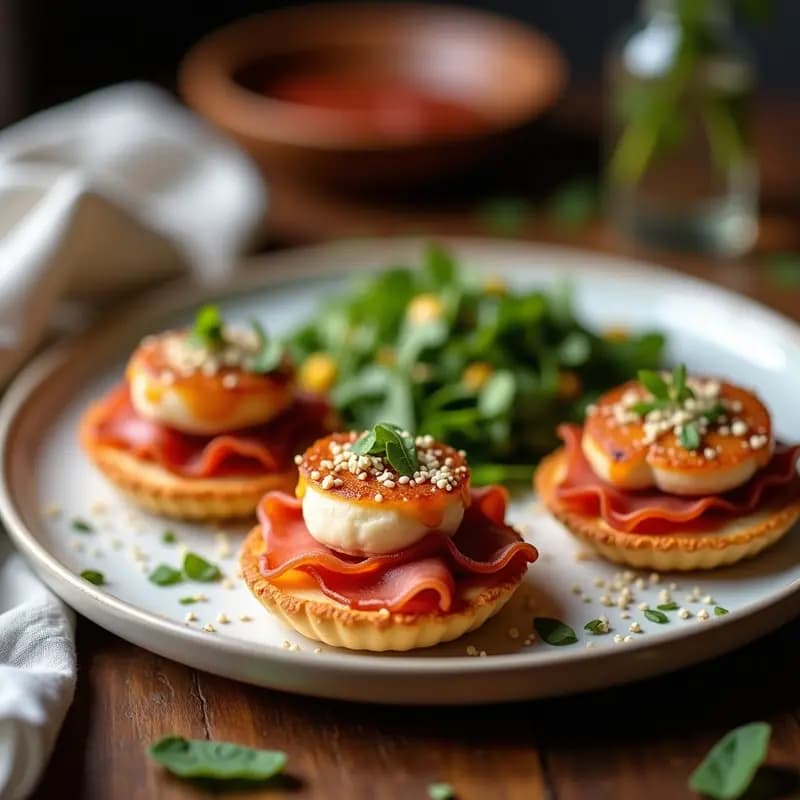 Tartaletas doradas con base crujiente rellenas de hampón en tiras y espárragos trigueros, cubiertas con salsa holandesa vegana cremosa y amarilla, decoradas con perejil fresco. Plato gourmet fácil y apto para veganos.