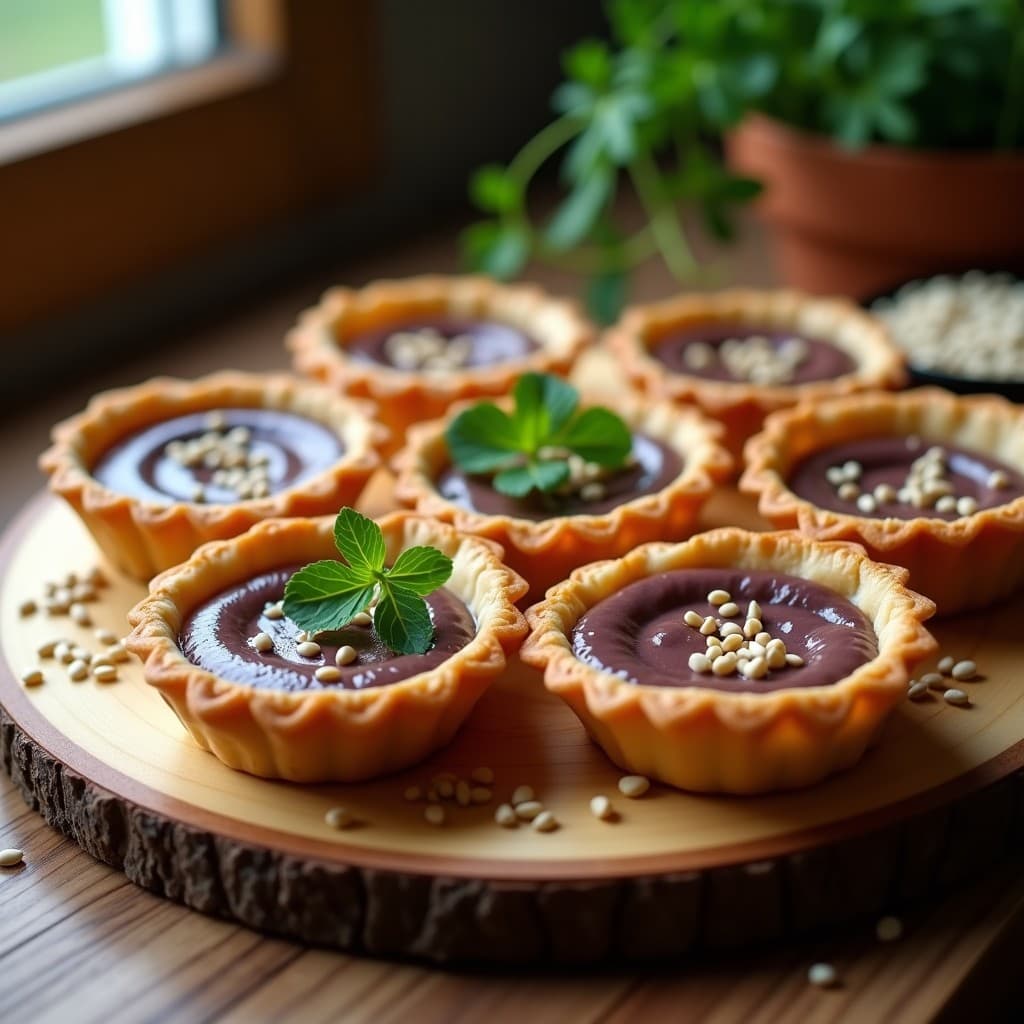 Tartaletas doradas de harina de almendra rellenas de crema de berenjena ahumada, decoradas con semillas de sésamo y perejil fresco, sobre una tabla de madera rústica con fondo borroso.