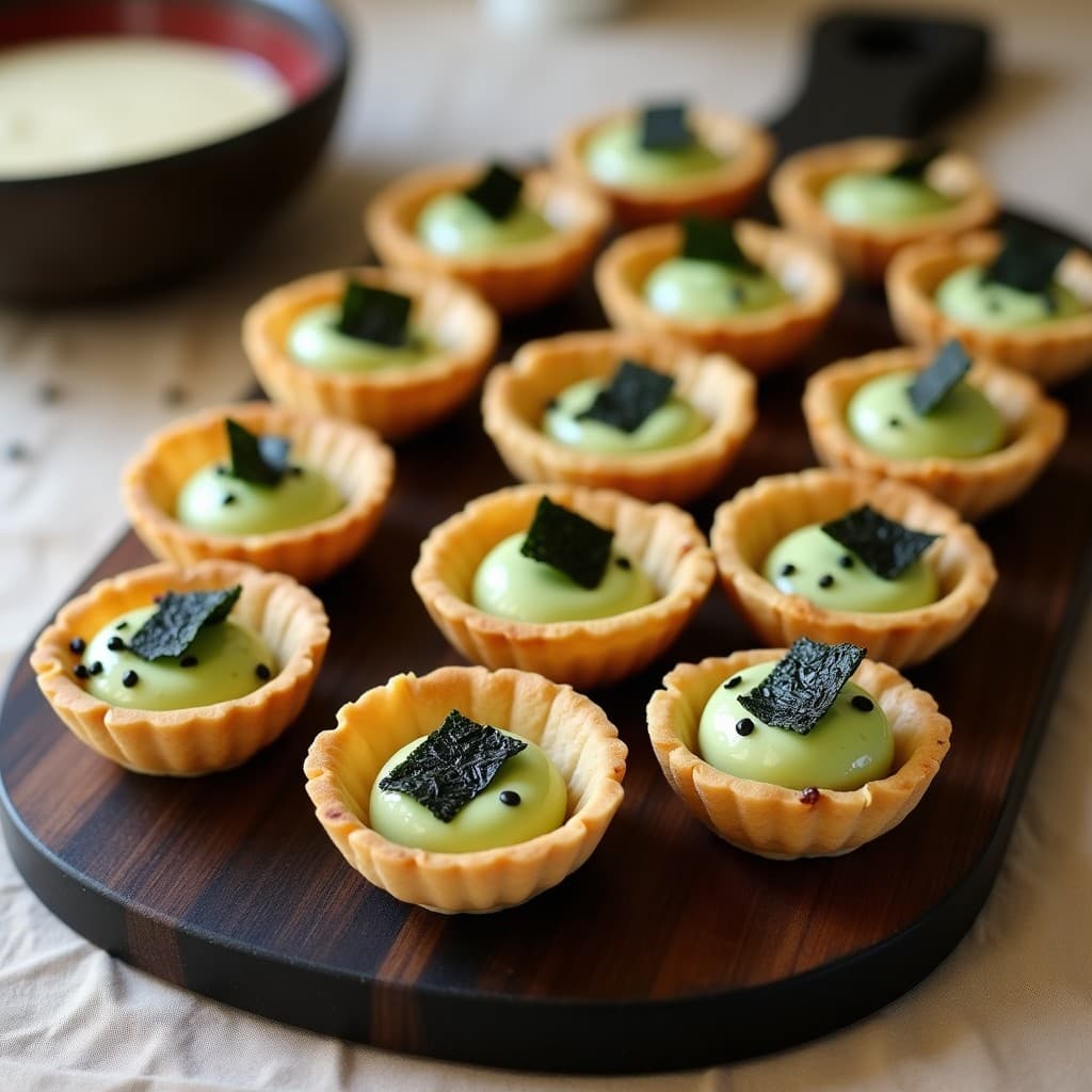 Tartaletas doradas de harina de almendra rellenas de crema de wasabi cremosa, decoradas con copos de alga nori y semillas de sésamo negro, servidas en bandeja de madera oscura con fondo desenfocado.