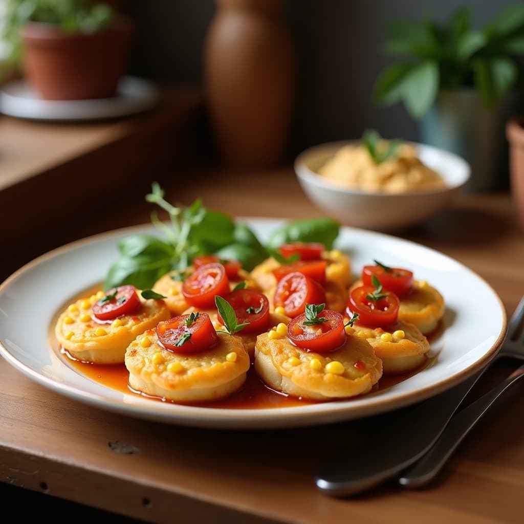 Tartaletas doradas de harina de arroz rellenas de hummus de garbanzos negros cremoso, decoradas con tiras de pimiento asado rojo y semillas de sésamo tostadas, servidas en un plato de cerámica blanca.