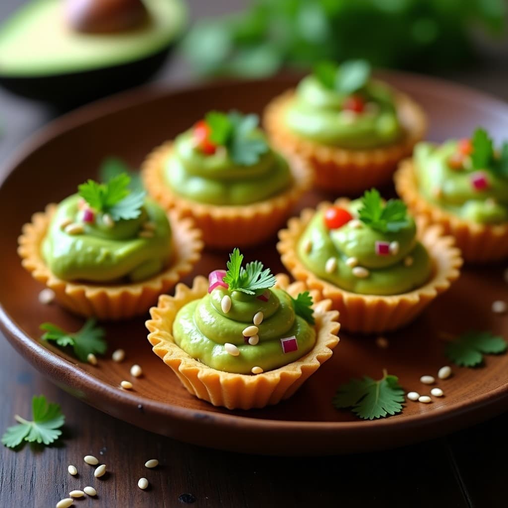 Tartaletas crudiveganas de harina de plátano verde rellenas de crema de guacamole cremosa, decoradas con hojas de cilantro fresco y semillas de sésamo sobre un plato de madera rústica.