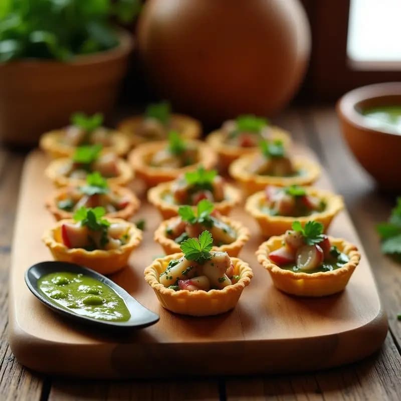 Tartaletas doradas de harina de plátano verde rellenas de trozos de pulpo tierno, cebolla morada encurtida y salsa mojo de cilantro verde brillante, servidas en una bandeja de madera rústica con fondo de cocina canaria.
