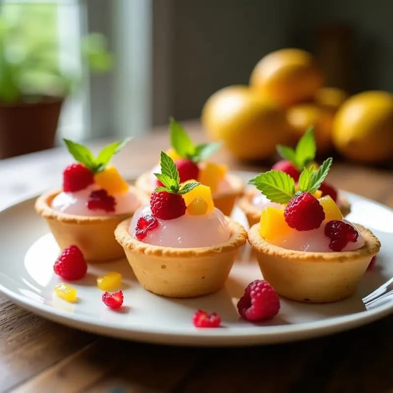 Tartaletas de hielo transparente con base de galleta dorada, decoradas con frutas liofilizadas de colores vibrantes (fresas, frambuesas y mango) y hojas de menta, servidas en moldes de silicona sobre una mesa de madera rústica con fondo desenfocado.