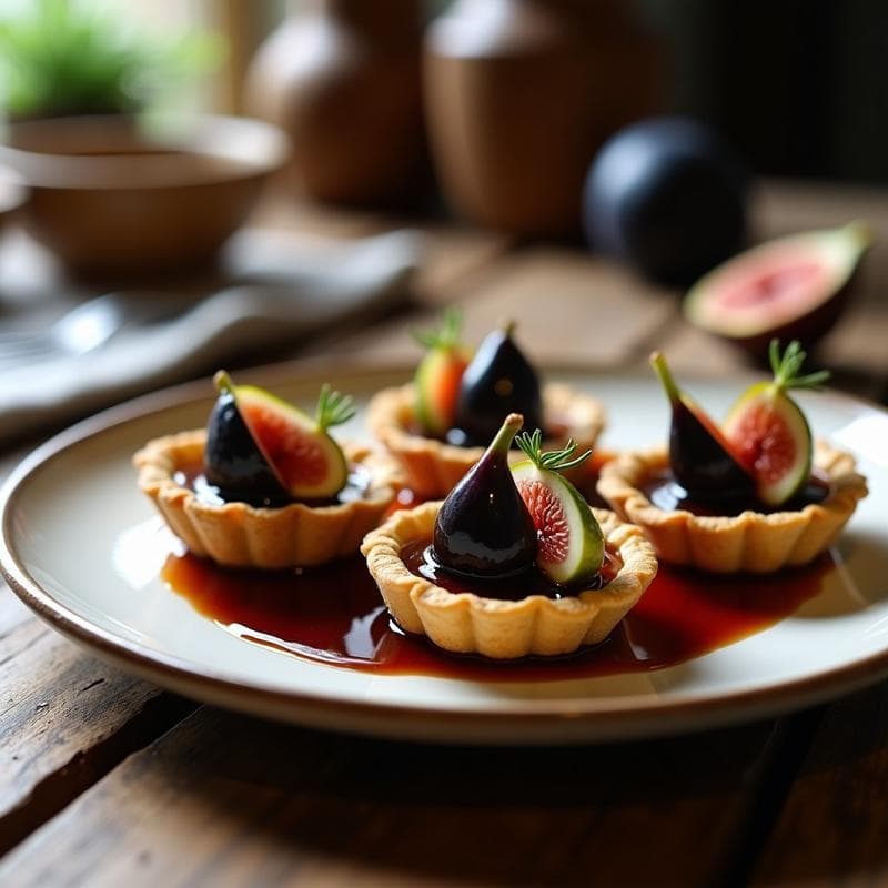 Tartaletas doradas de masa de almendra con relleno de higo negro en cuñas y queso de cabra cremoso, bañadas en reducción de oporto brillante, decoradas con romero fresco sobre fondo rústico de madera.