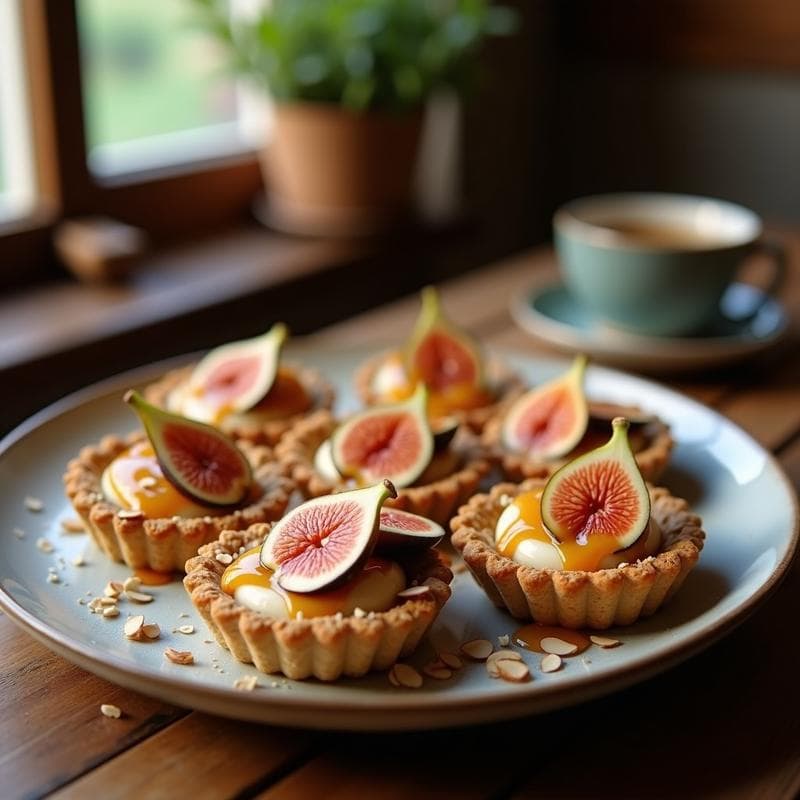 Tartaletas de higos y queso de almendras sin horno, con base de galleta de avena, rellenas de crema vegana y decoradas con carmelo brillante y almendras fileteadas sobre fondo rústico de madera.