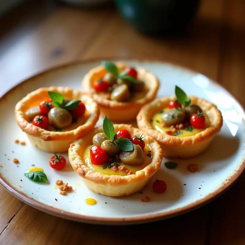 Tartaletas doradas de hojaldre rellenas de congrio desmenuzado y tiras de pimientos asados rojos, espolvoreadas con queso parmesano gratinado y cilantro fresco. Plato típico chileno preparado en airfryer, servido en bandeja de madera rústica.