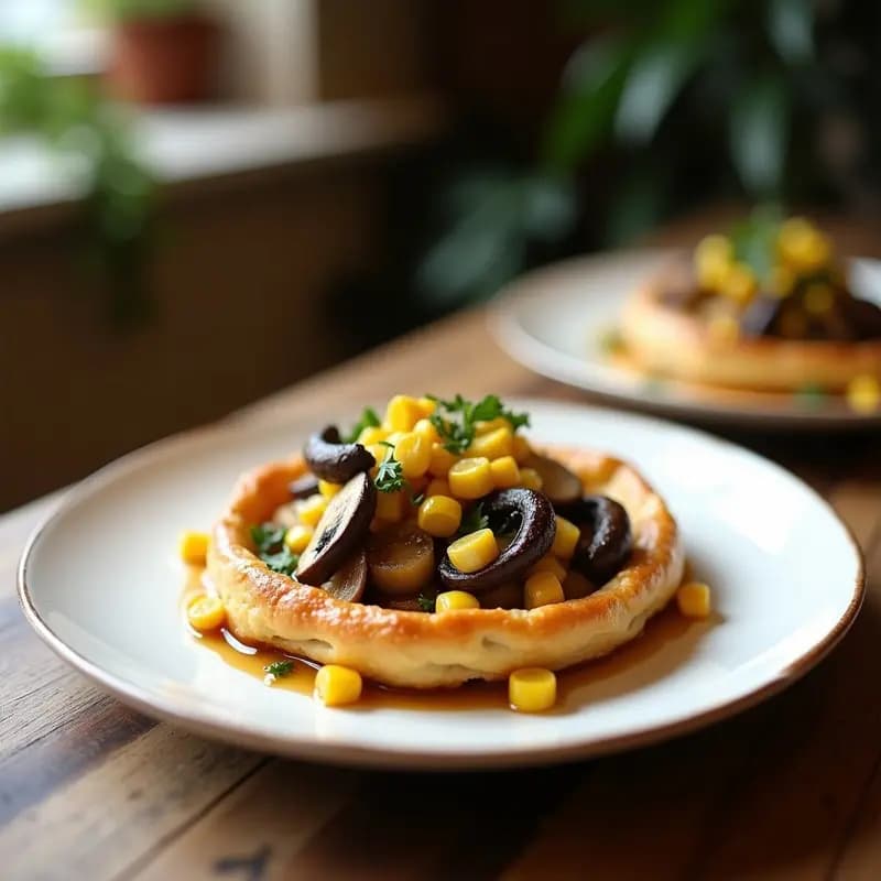 Tartaletas de hojaldre de maíz doradas y crujientes rellenas de ceviche de champiñones portobello y shiitake, decoradas con aguacate y brotes de rábano, en un plato blanco sobre fondo rústico, receta Peruano-Francesa.