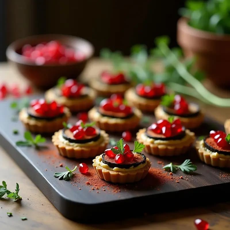 Tartaletas libanesas gourmet con base dorada de sésamo y almendra, rellenas de hummus cremoso de garbanzos negros, berenjena asada en rodajas y granos de granada rojos brillantes. Decoradas con perejil fresco y un hilo de aceite de oliva sobre fondo rústico de madera.
