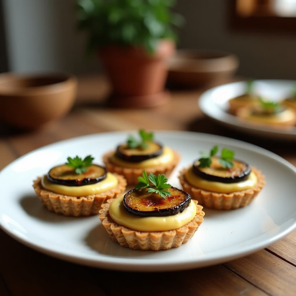 Tartaletas veganas sin horno con base crujiente de semillas de girasol y lino, rellenas de hummus cremoso de almendras y coronadas con rodajas de berenjena asada dorada. Decoradas con perejil fresco y un hilo de aceite de oliva virgen extra.