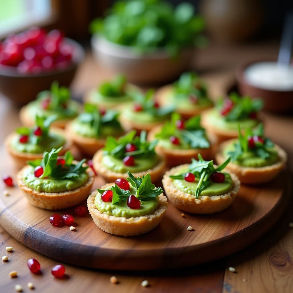 Tartaletas de hummus de edamame y rúcula con reducción de granadina, aperitivo saludable en bases crujientes de arroz, decoradas con semillas de sésamo y pimienta rosa.