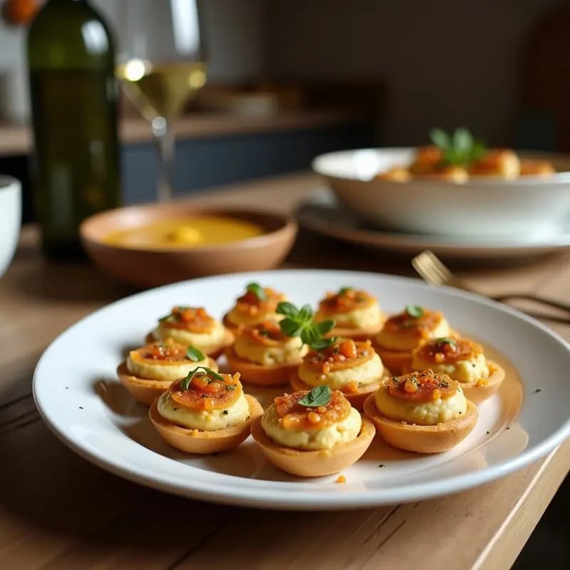 Tartaletas veganas de hummus cremoso con semillas de granada rojas brillantes, base dorada de avena y sésamo, decoradas con hojas de menta y pistachos picados, servidas en bandeja de madera rústica.