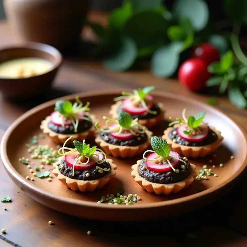 Tartaletas de hummus cremoso con rodajas de rábanos rosados, germinados verdes y tomates cherry, servidas en bases crujientes de quinoa. Entrante libanés vegano y crudo con decoración de menta fresca.