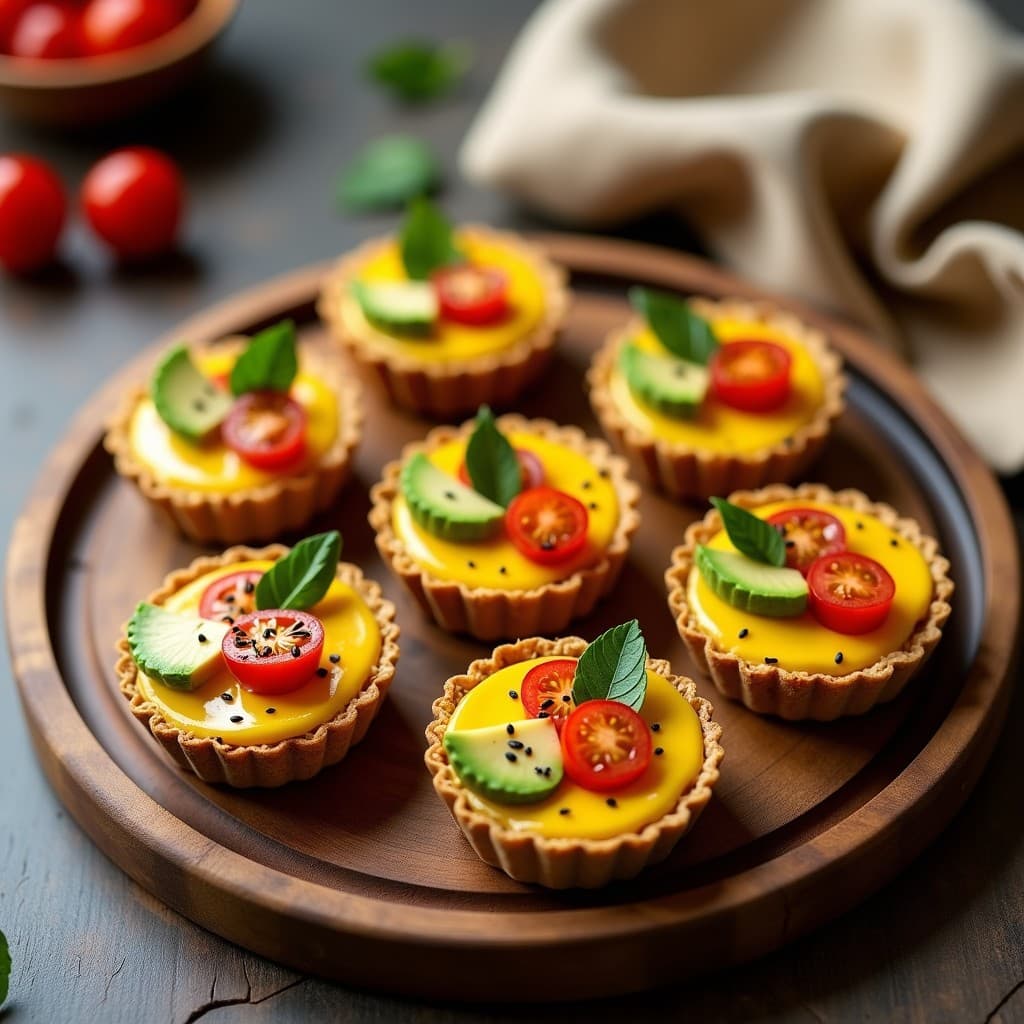 Tartaletas de inchi y queso vegano keto sin horno, con base crujiente de inchi tostado, rellenas de crema de anacardos amarilla, decoradas con sésamo negro, aguacate, tomate cherry y hojas de huacatay sobre fondo rústico de madera.