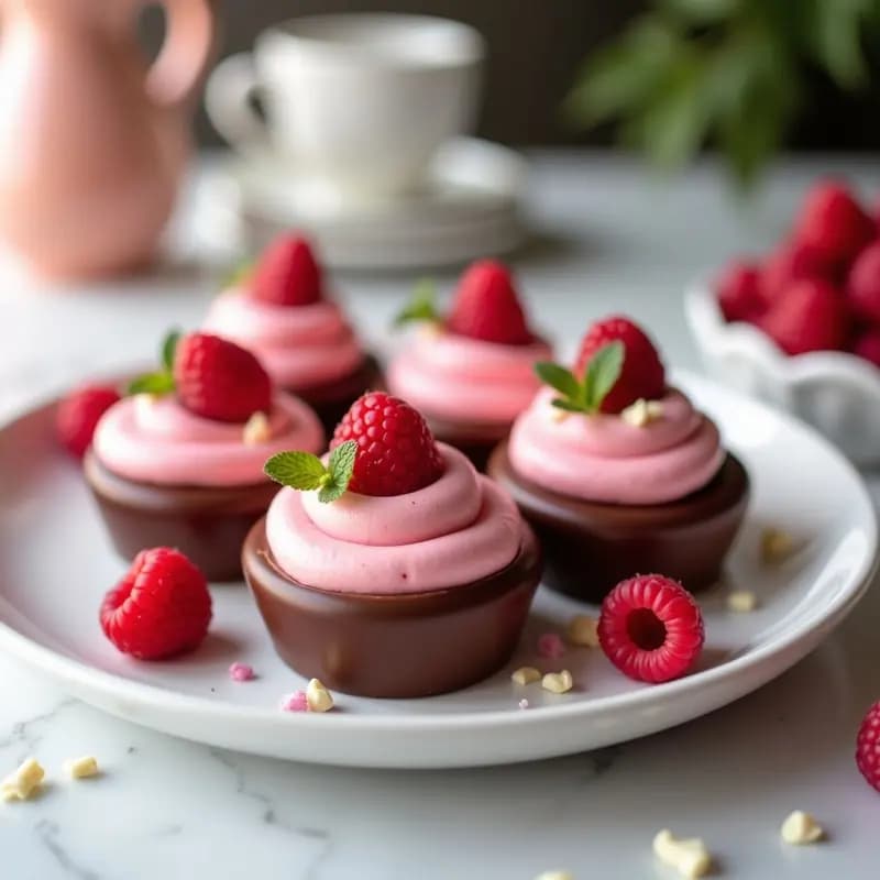 Tartaletas instagrameables con base de galleta, rellenas de mousse de frambuesa rosa y coronadas con huevos Kinder Sorpresa abiertos, decoradas con chocolate rallado y hojas de menta sobre fondo blanco.