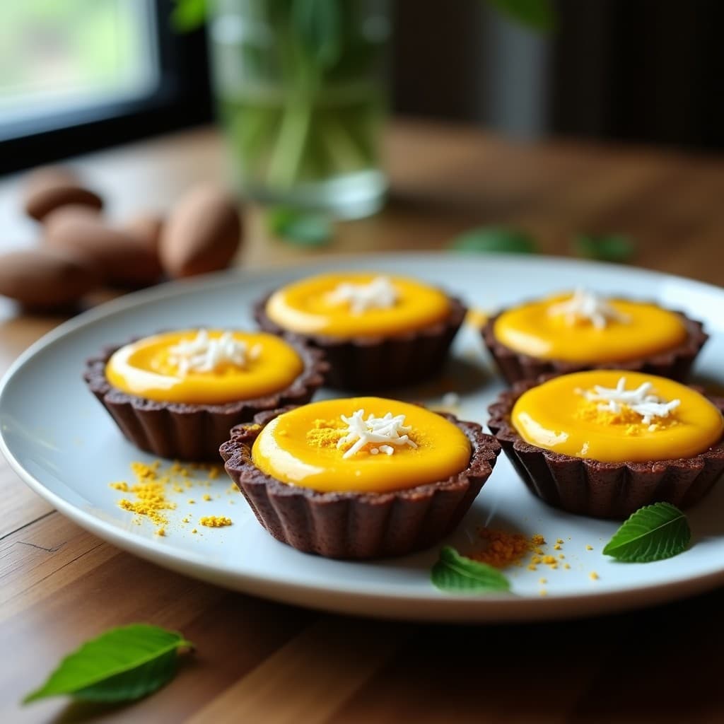 Tartaletas veganas indias sin horno con base oscura de kokum y almendras, rellenas de crema amarilla de cúrcuma, decoradas con coco rallado y servidas en molde de metal sobre fondo de madera rústica.