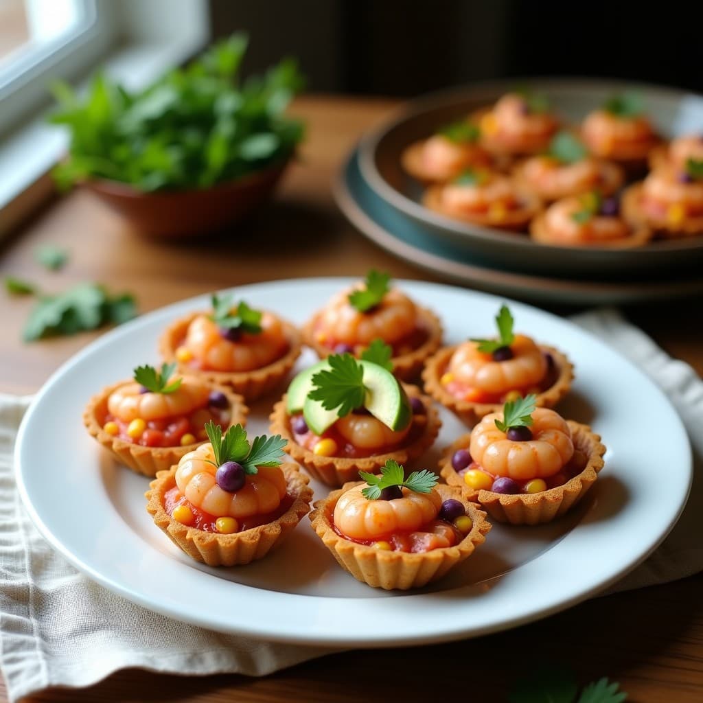 Tartaletas doradas de masa de lentejas rojas rellenas de ceviche de camarones con aguacate y maíz morado, servidas en plato blanco sobre fondo rústico. Receta peruana sin harina en Airfryer.