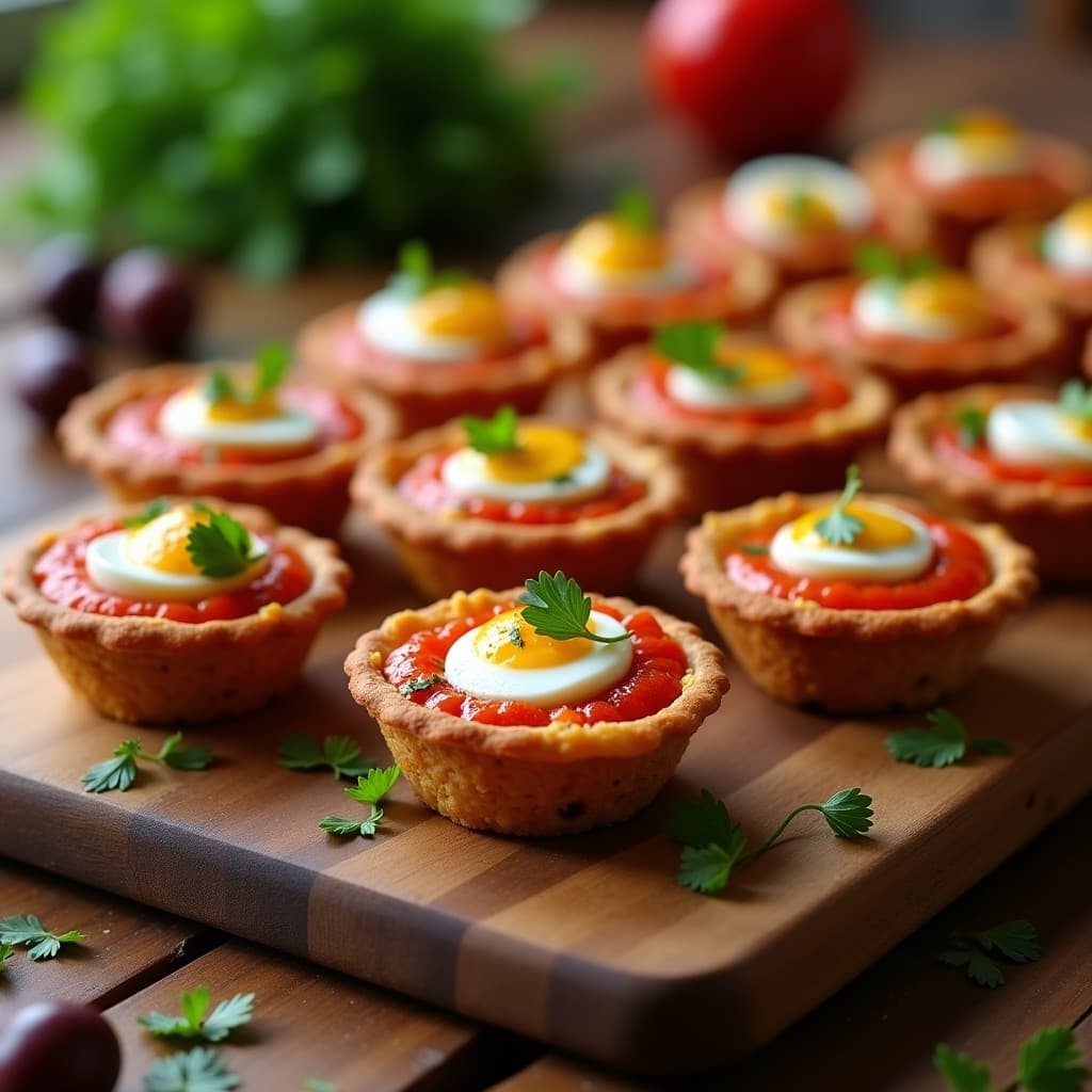 Tartaletas de base dorada y crujiente de lentejas rellenas de crema de pimientos asados y aceitunas, decoradas con perejil fresco y huevos de codorniz. Aperitivo español sin gluten sobre tabla de madera rústica.