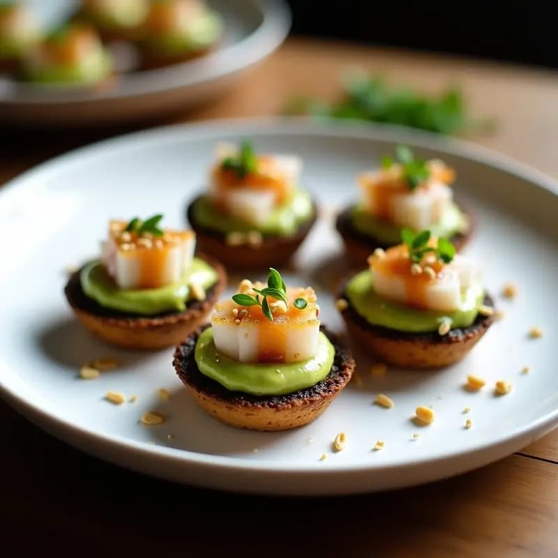 Tartaletas doradas de masa de lentejas negras rellenas de crema de aguacate verde y dados de hamachi fresco, decoradas con semillas de sésamo y cebollino, presentadas en plateo blanco sobre fondo rústico.