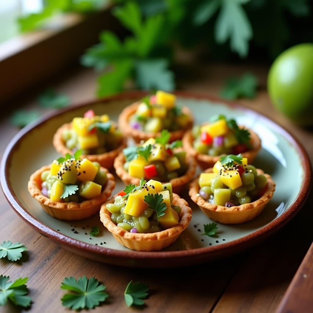 Tartaletas doradas y crujientes de masa de lentillas bolivianas rellenas de ceviche de mango verde con pimiento rojo, cebolla morada y semillas de sésamo, servidas en un plato de barro con fondo de hojas verdes.