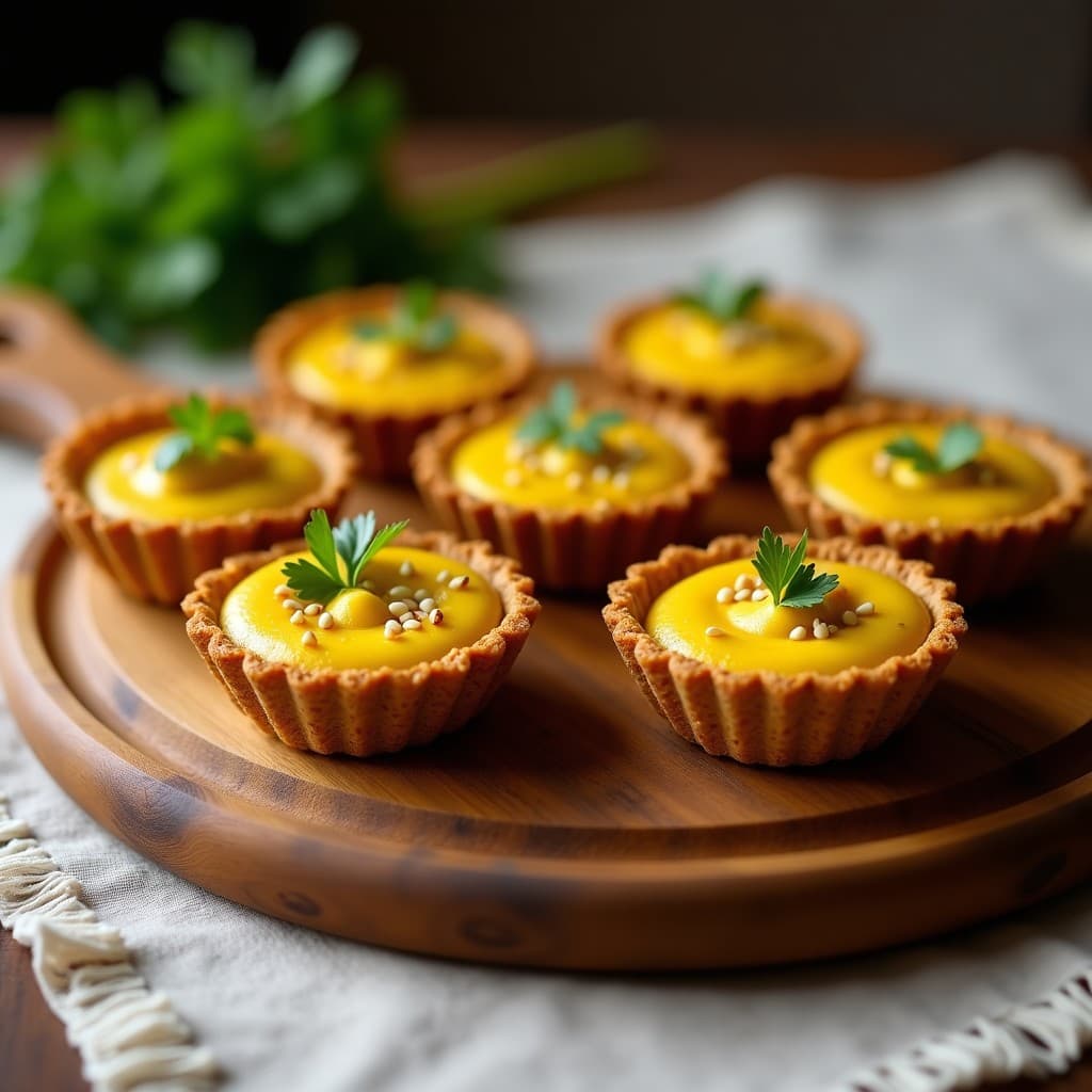 Tartaletas veganas de base dorada de linaza con relleno cremoso de puré de coliflor especiado con curry, decoradas con cilantro fresco y semillas de sésamo, servidas en bandeja de madera.