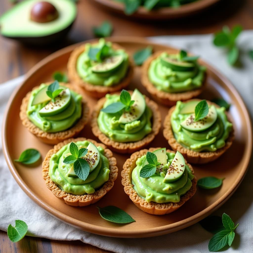Tartaletas crudiveganas con base dorada de semillas de lino, rellenas de puré verde cremoso de guisantes y menta, decoradas con rodajas de aguacate, germinados de alfalfa y semillas de sésamo tostadas sobre un plato de madera rústico.