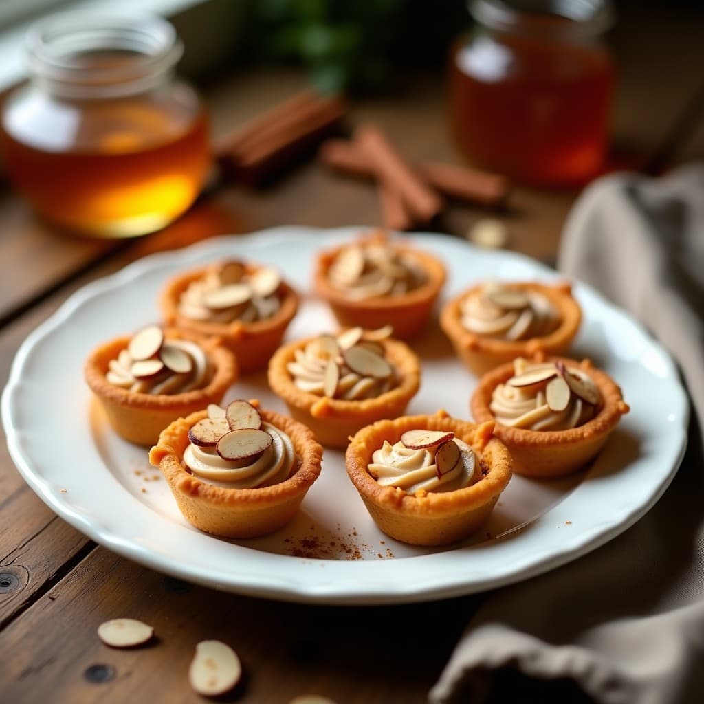 Tartaletas doradas de maíz y camote con relleno cremoso de cacahuete y miel, decoradas con almendras fileteadas y canela en polvo sobre un plato de cerámica blanca.