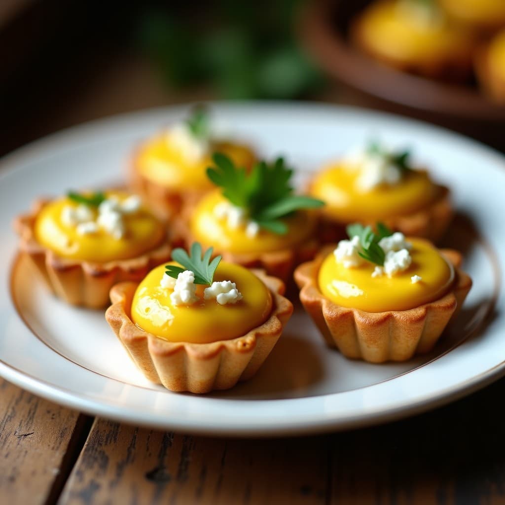 Tartaletas de maíz morado doradas en airfryer rellenas de choclo y queso fresco, coronadas con crema de ají amarillo suave, decoradas con culantro fresco sobre un plato de cerámica blanca con fondo rústico.
