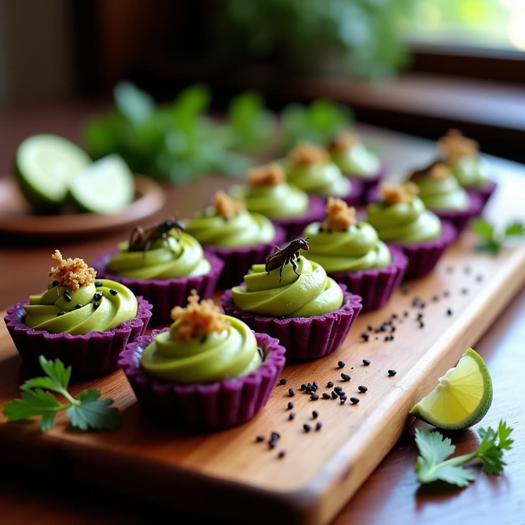 Tartaletas de maíz morado con base crujiente, rellenas de crema de guacamole verde brillante y decoradas con chapulines tostados, hormigas culonas, semillas de sésamo negro y pimienta rosa. Aperitivo innovador y colorido.