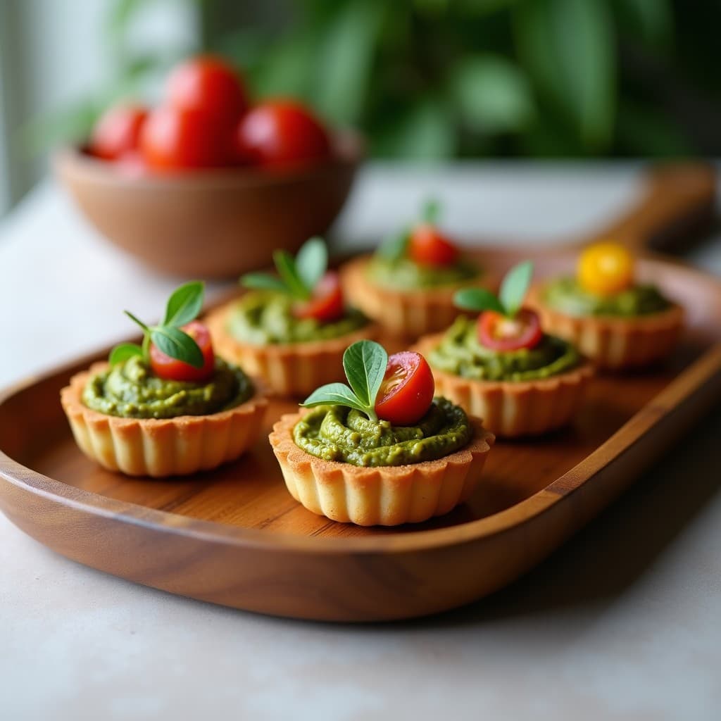Tartaletas de maíz morado con relleno de pesto de albahaca negra, decoradas con rodajas de tomate cherry rojo y amarillo y germinados de rábano, servidas en una bandeja de madera rústica con fondo blanco.