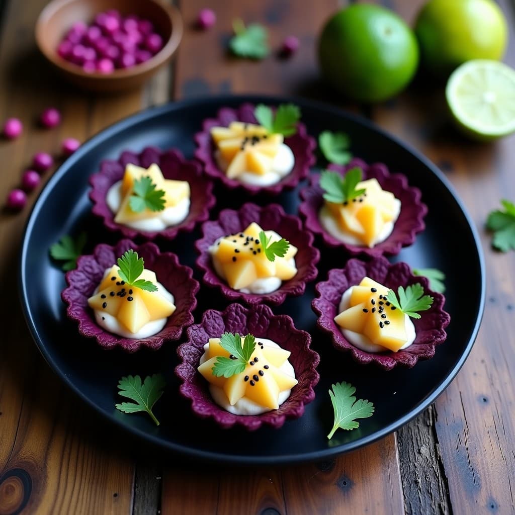 Tartaletas doradas de maíz púrpura rellenas de ceviche de corazón de palma marinado en leche de tigre vegana, decoradas con semillas de sésamo negro y culantro fresco sobre un plato de cerámica negra.