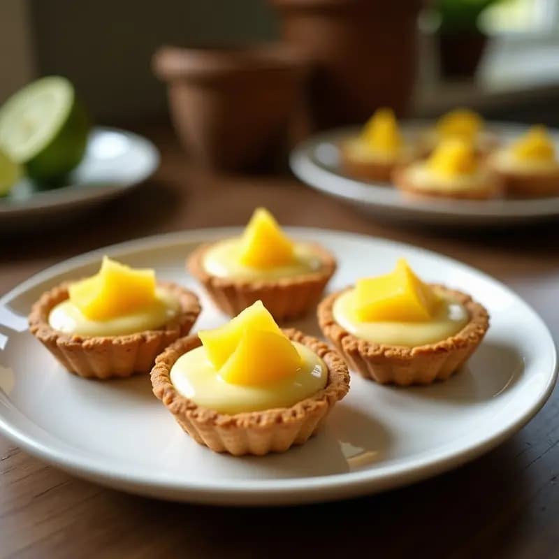 Tartaletas individuales con base dorada de almendras, rellenas de crema de mango amarilla y decoradas con láminas de mango fresco, coco rallado y ralladura de lime verde sobre fondo blanco rústico.