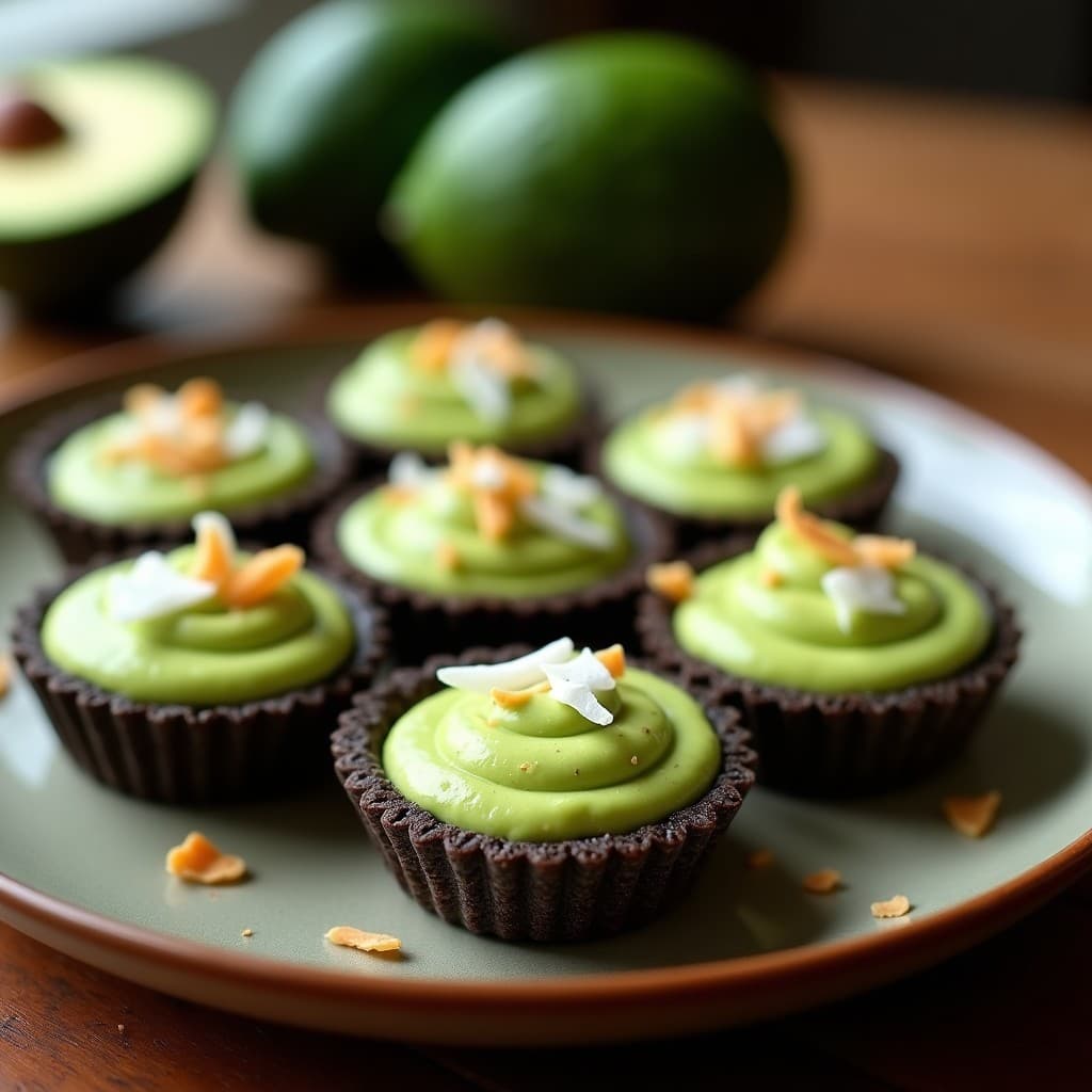 Tartaletas keto sin horno con base crujiente de chía, rellenas de crema verde de aguacate y coronadas con pulpa amarilla de lulo, decoradas con semillas de sésamo y hojas de menta sobre un plato blanco rústico.
