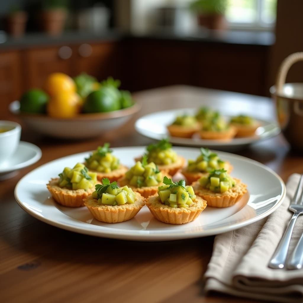 Tartaletas de masa de coco dorada rellenas de ceviche de mango verde en juliana, pimiento rojo y cebolla morada, decoradas con cacahuetes picados y cilantro fresco. Plato tailandés vegano servido en bandeja de madera rústica.