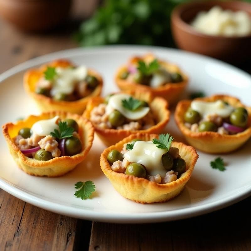 Tartaletas doradas de masa de coliflor con relleno jugoso de atún y aceitunas verdes, servidas en un plato blanco sobre fondo rústico. Receta keto sin gluten en airfryer.