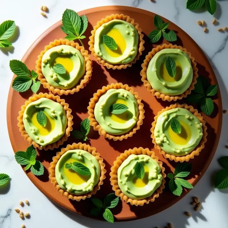 Tartaletas veganas de masa de lentejas rojas con relleno cremoso de puré de calabacín asado y menta fresca, decoradas con semillas de sésamo y aceite de oliva en bandeja de madera, receta Thermomix.